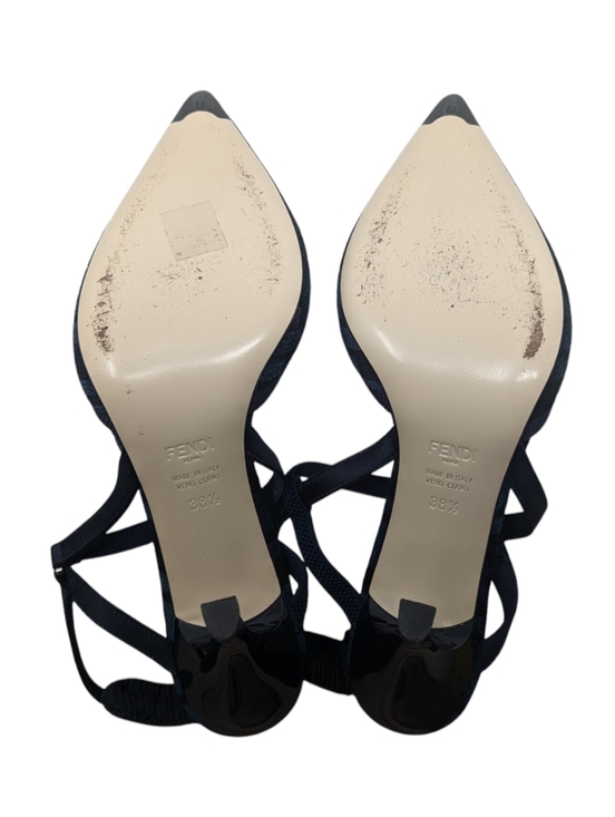 Fendi Ciniglia Jaquard Chenille Colibri 85mm Blue Velvet Slingback Pump EU 38.5